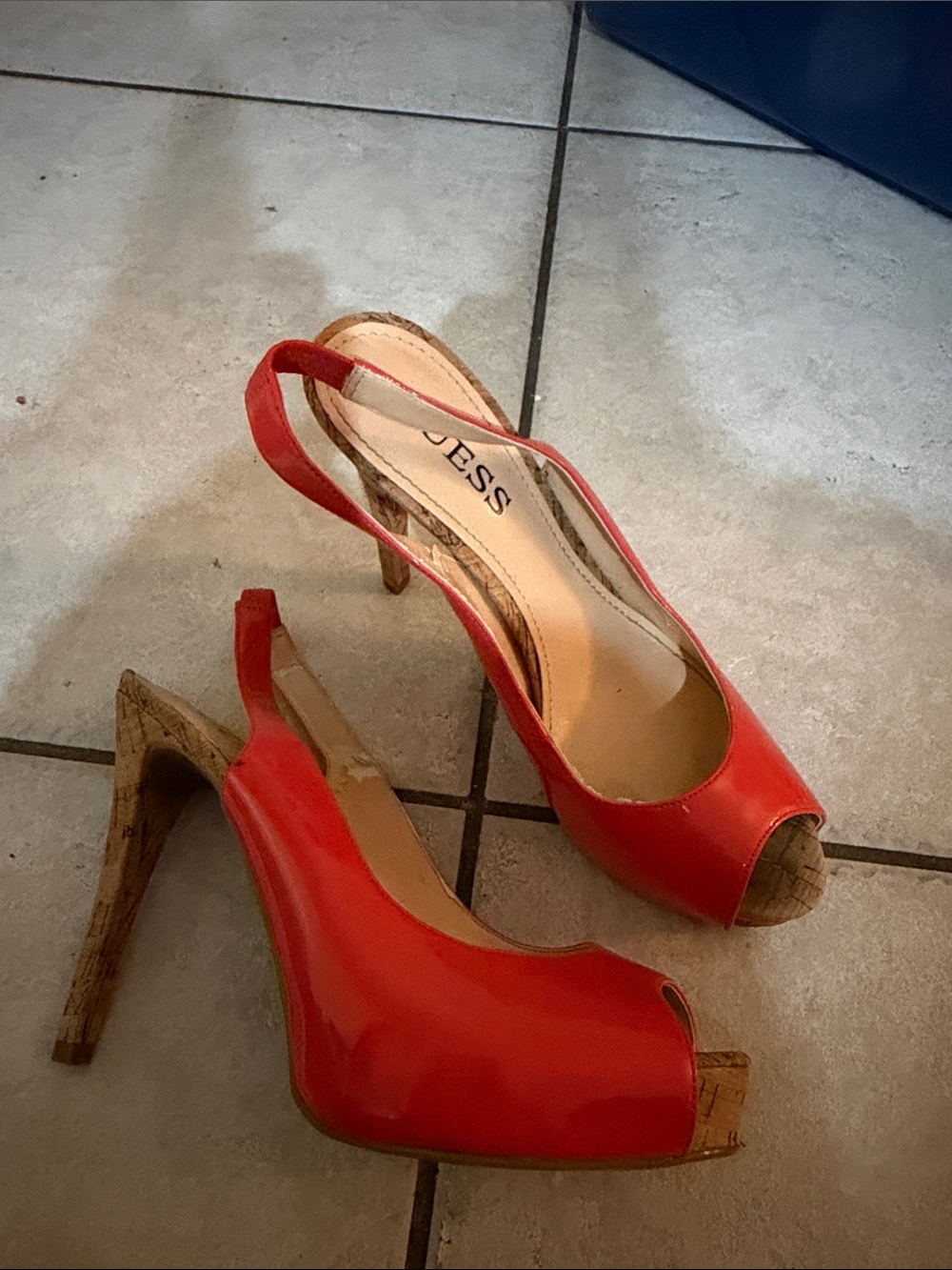 Guess Red Patent Peep-Toe Slingback Heels with Cork Accents